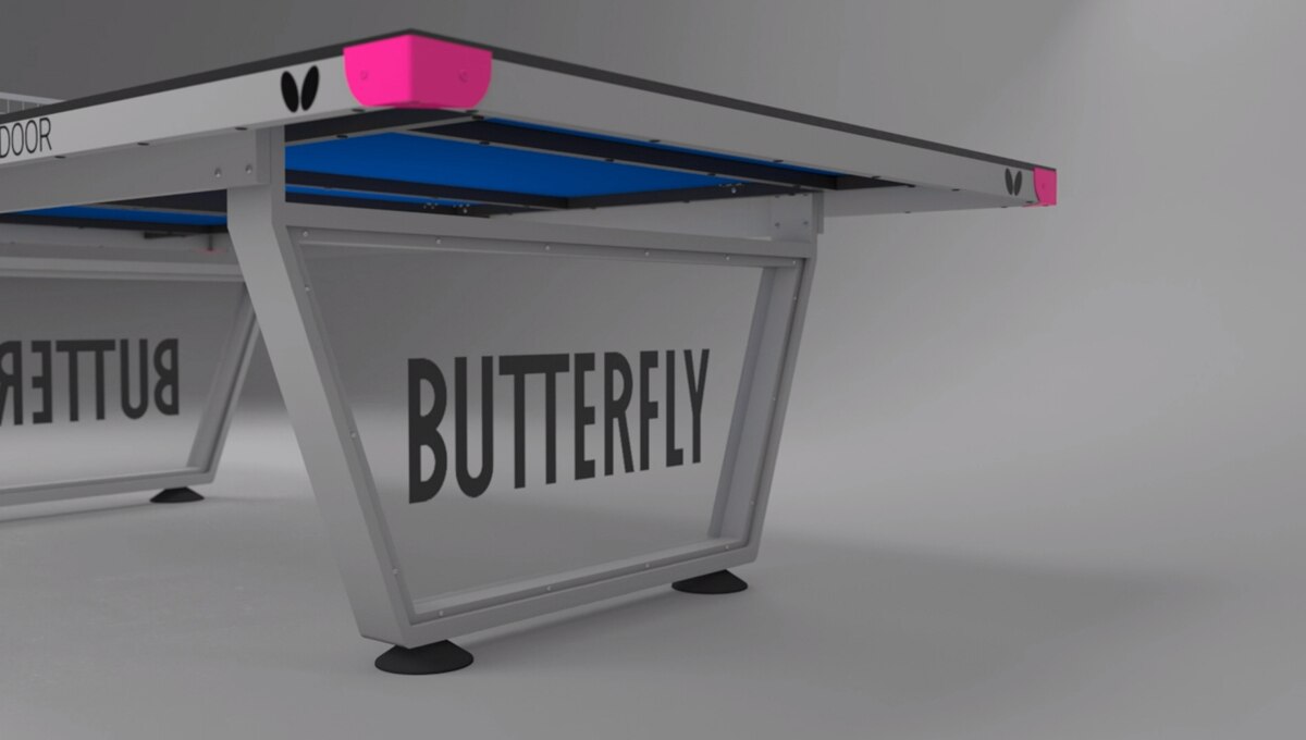 Butterfly Park Outdoor Ping Pong Table, shows the grey frame with the clear ends here. Comes with a 10-year warranty on the table top is perfect for the outdoors. Built for schools, resorts or camps
